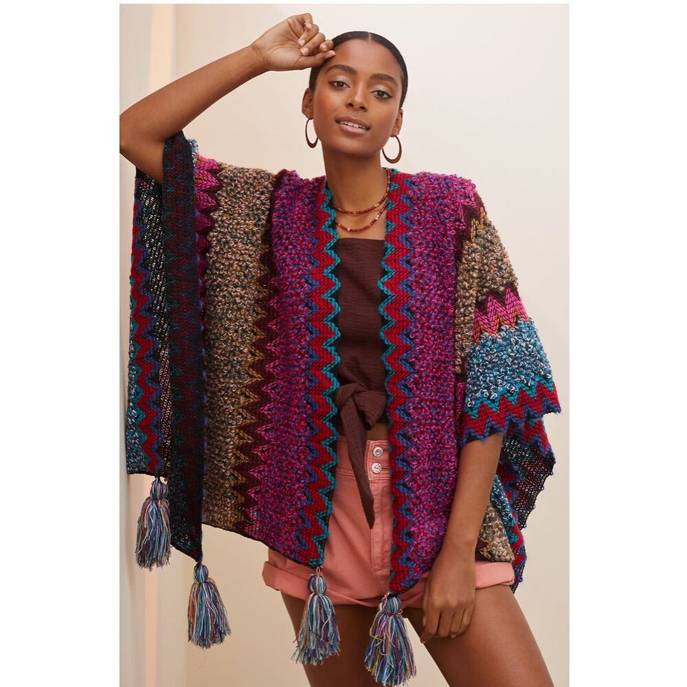 Anthropologie Fringed Knit Kimono Sweater Shawl Poncho One Size Boho Festival
